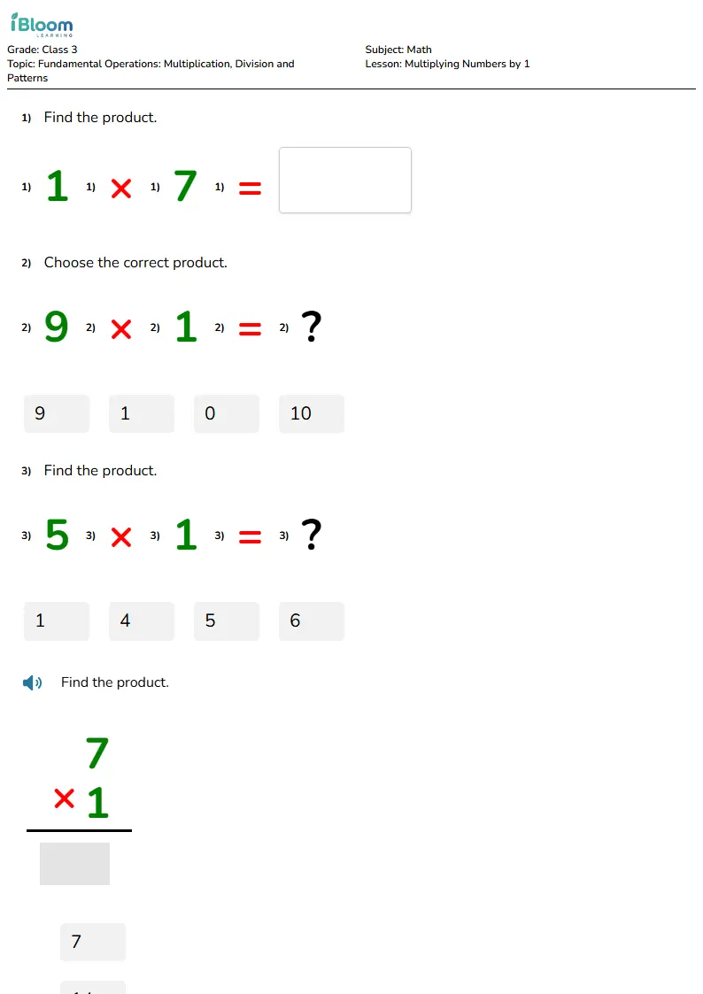 Free Multiplying Numbers by 1 Worksheets for Class 3