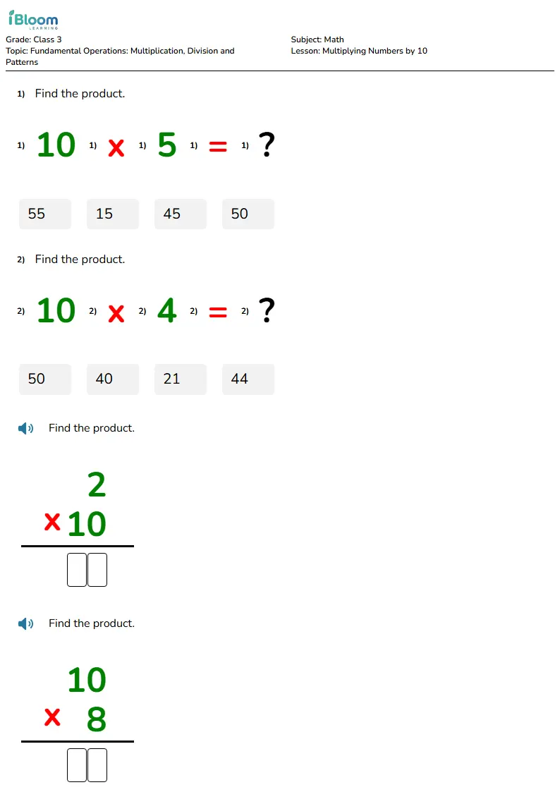 Free Multiplying Numbers by 10 Worksheets for Class 3