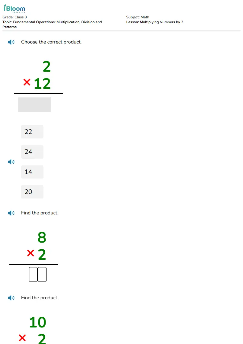 Free Multiplying Numbers by 2 Worksheets for Class 3