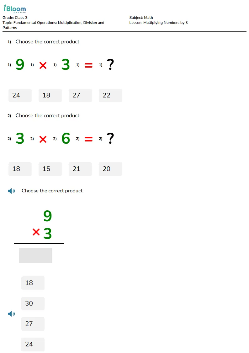 Free Multiplying Numbers by 3 Worksheets for Class 3