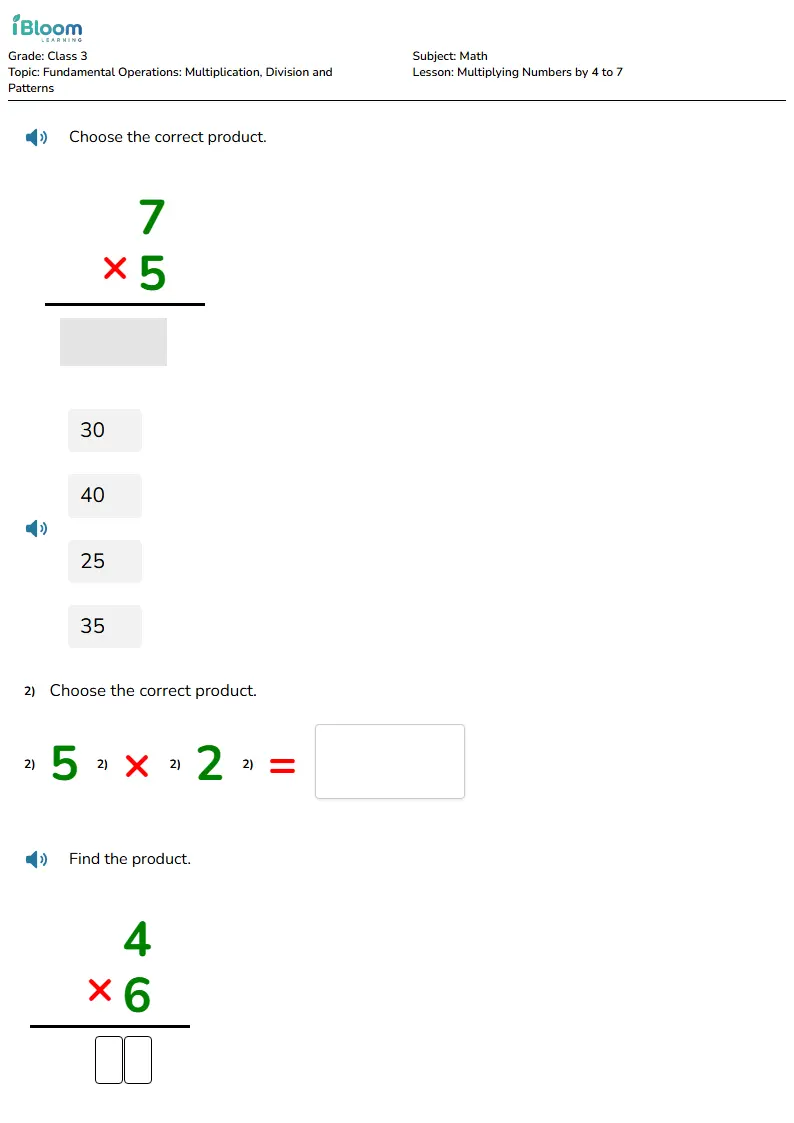 Free Multiplying Numbers by 4 to 7 Worksheets for Class 3