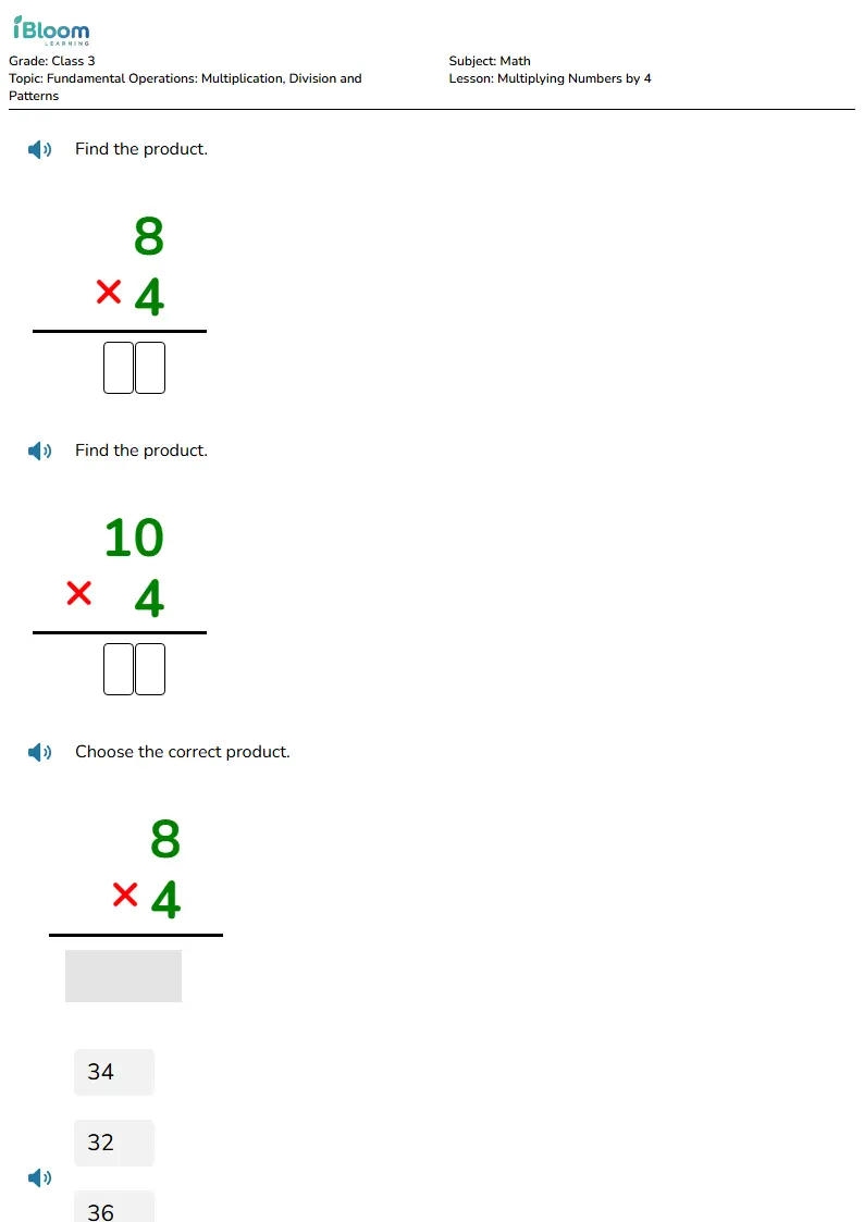 Free Multiplying Numbers by 4 Worksheets for Class 3