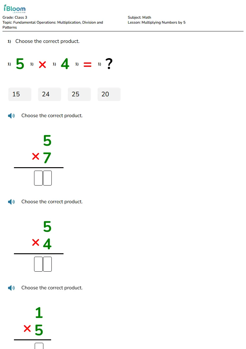 Free Multiplying Numbers by 5 Worksheets for Class 3