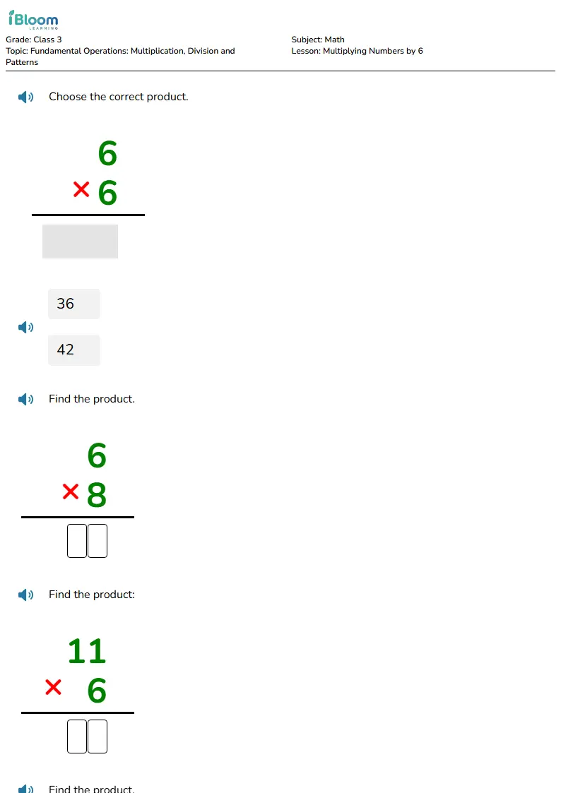 Free Multiplying Numbers by 6 Worksheets for Class 3