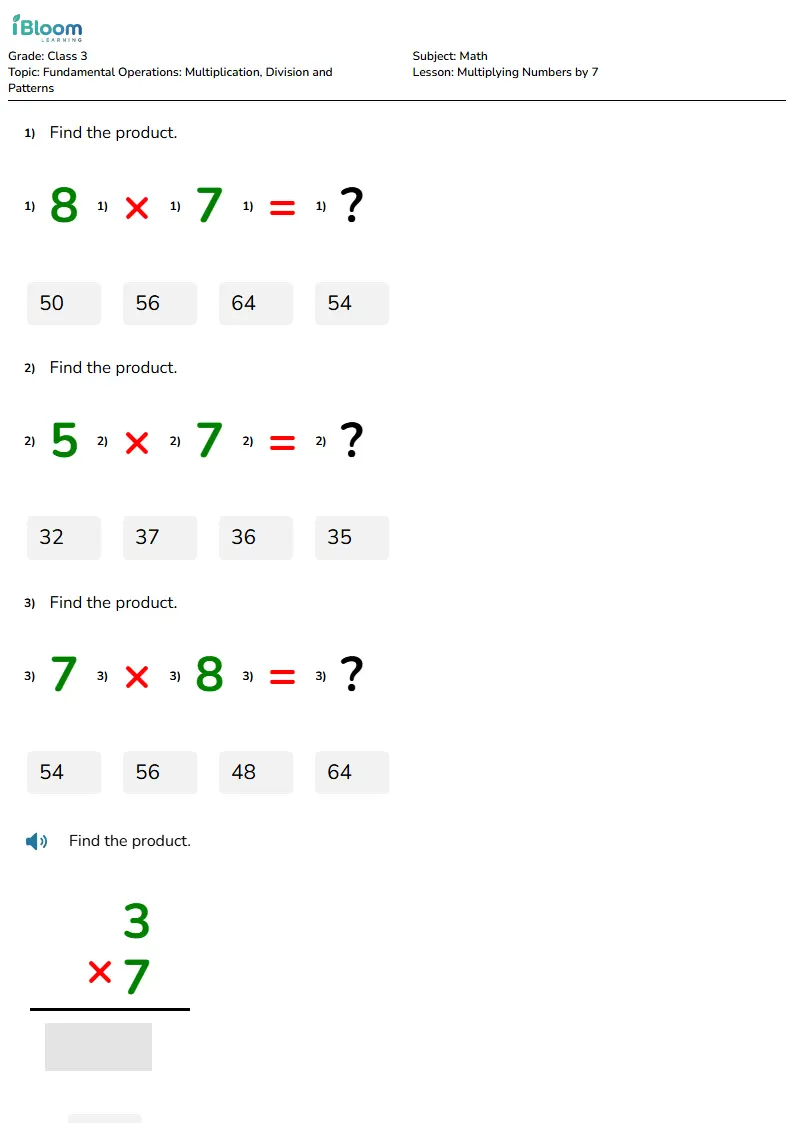 Free Multiplying Numbers by 7 Worksheets for Class 3
