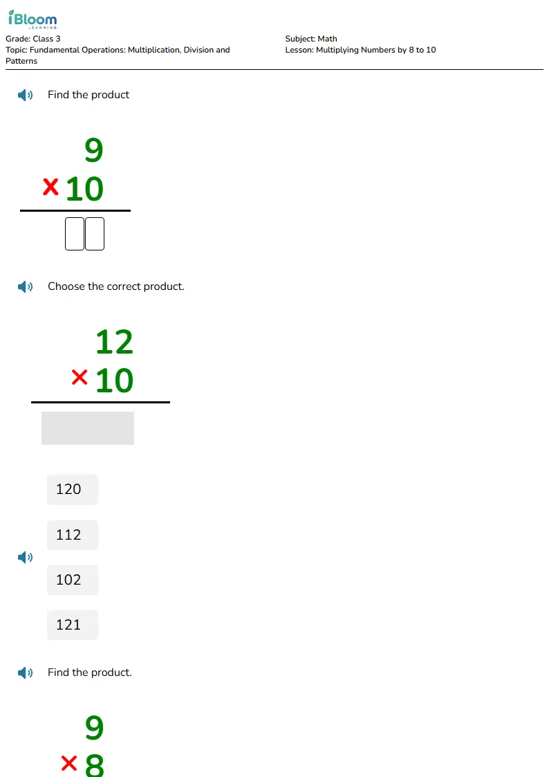 Free Multiplying Numbers by 8 to 10 Worksheets for Class 3 | iBloom