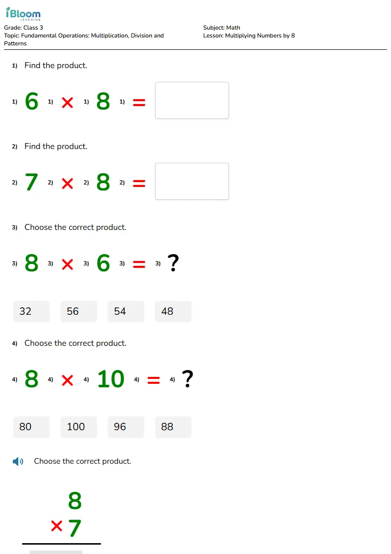 Free Multiplying Numbers by 8 Worksheets for Class 3 | iBloom