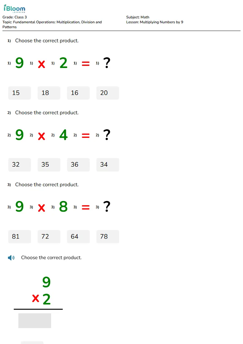 Free Multiplying Numbers by 9 Worksheets for Class 3 | iBloom