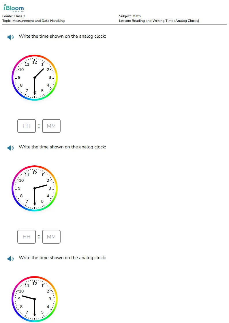 Free Reading and Writing Time (Analog Clocks) Worksheets for Class 3 | iBloom