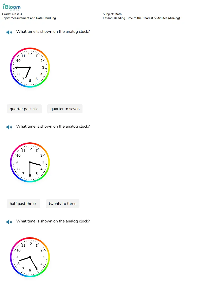 Free Reading Time to the Nearest 5 Minutes (Analog) Worksheets for Class 3 | iBloom