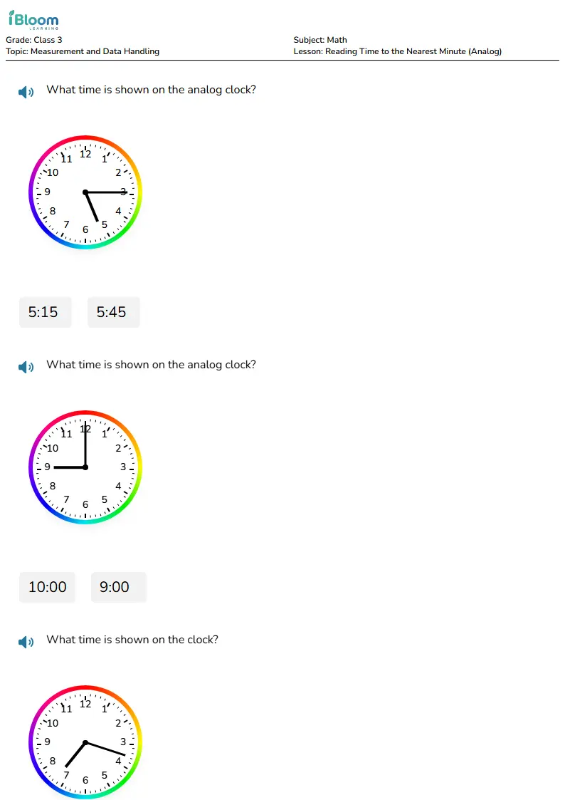 Free Reading Time to the Nearest Minute (Analog) Worksheets for Class 3 | iBloom