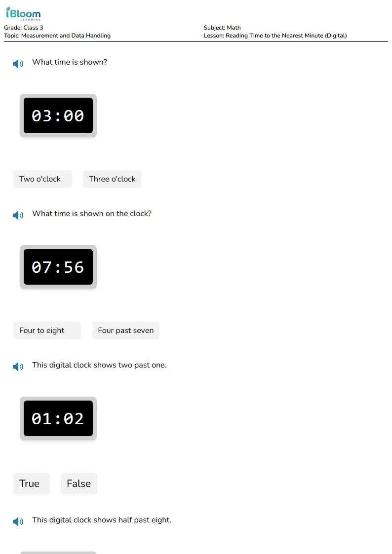 Free Reading Time to the Nearest Minute (Digital) Worksheets for Class 3 | iBloom