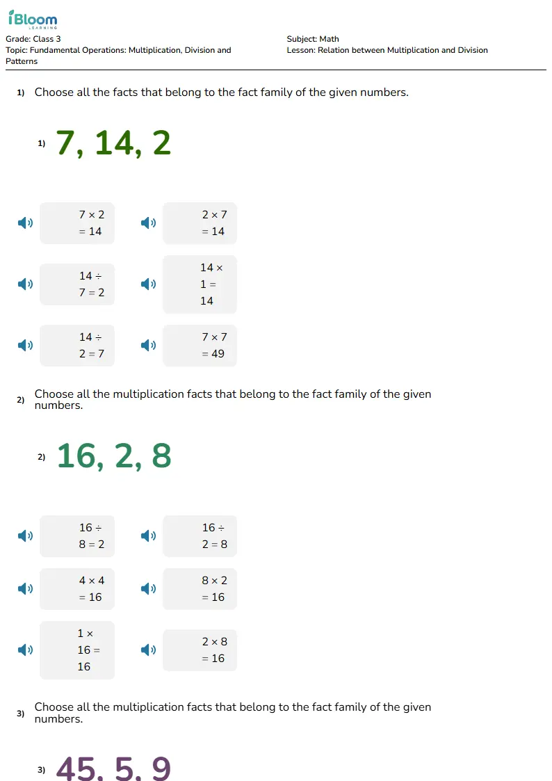 Free Relation between Multiplication and Division Worksheets for Class 3 | iBloom