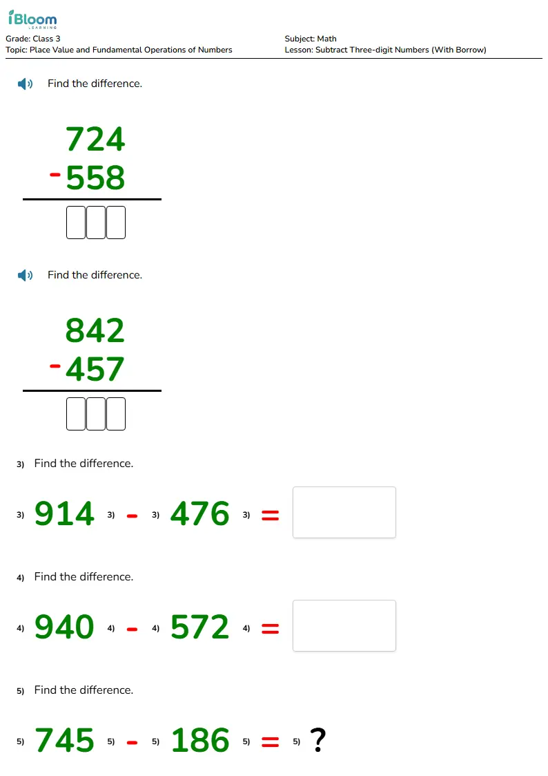 Free Subtract Three-digit Numbers (With Borrow) Worksheets for Class 3 | iBloom