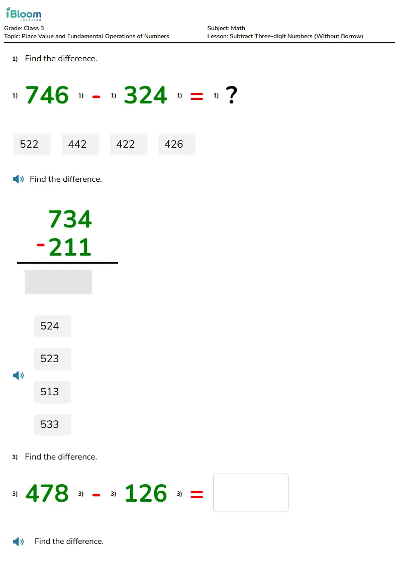 Free Subtract Three-digit Numbers (Without Borrow) Worksheets for Class 3 | iBloom