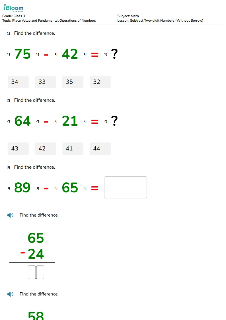 Free Subtract Two-digit Numbers (Without Borrow) Worksheets for Class 3 | iBloom