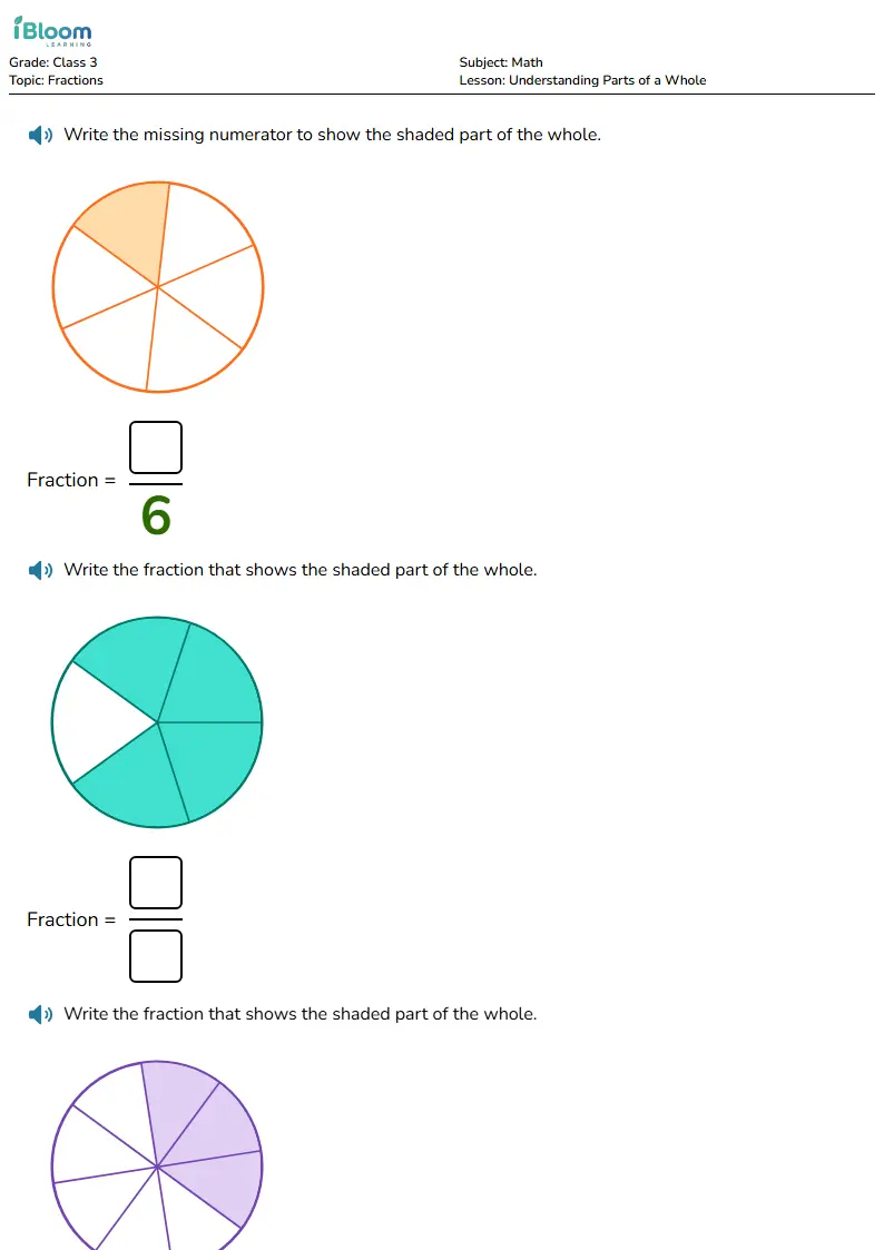 Free Understanding Parts of a Whole Worksheets for Class 3 | iBloom