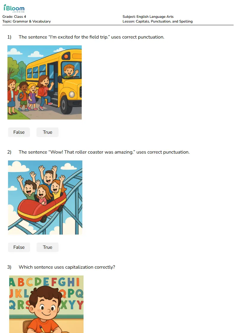 Free Capitals, Punctuation, and Spelling Worksheets for Class 4