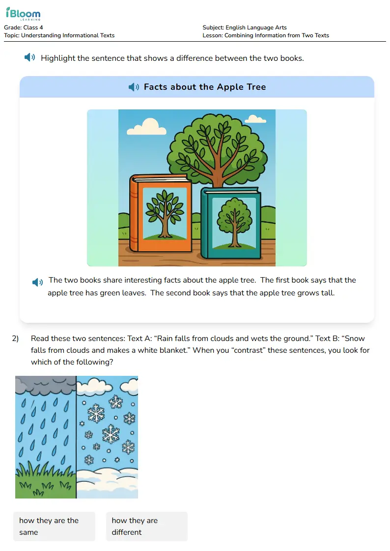 Free Combining Information from Two Texts Worksheets for Class 4