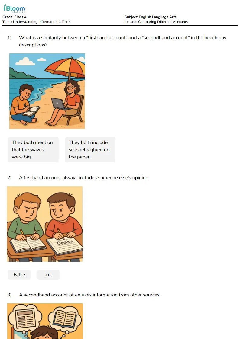 Free Comparing Different Accounts Worksheets for Class 4