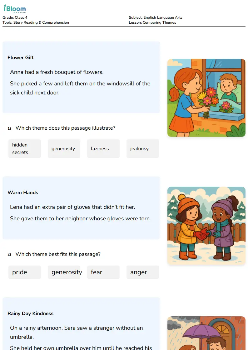 Free Comparing Themes Worksheets for Class 4