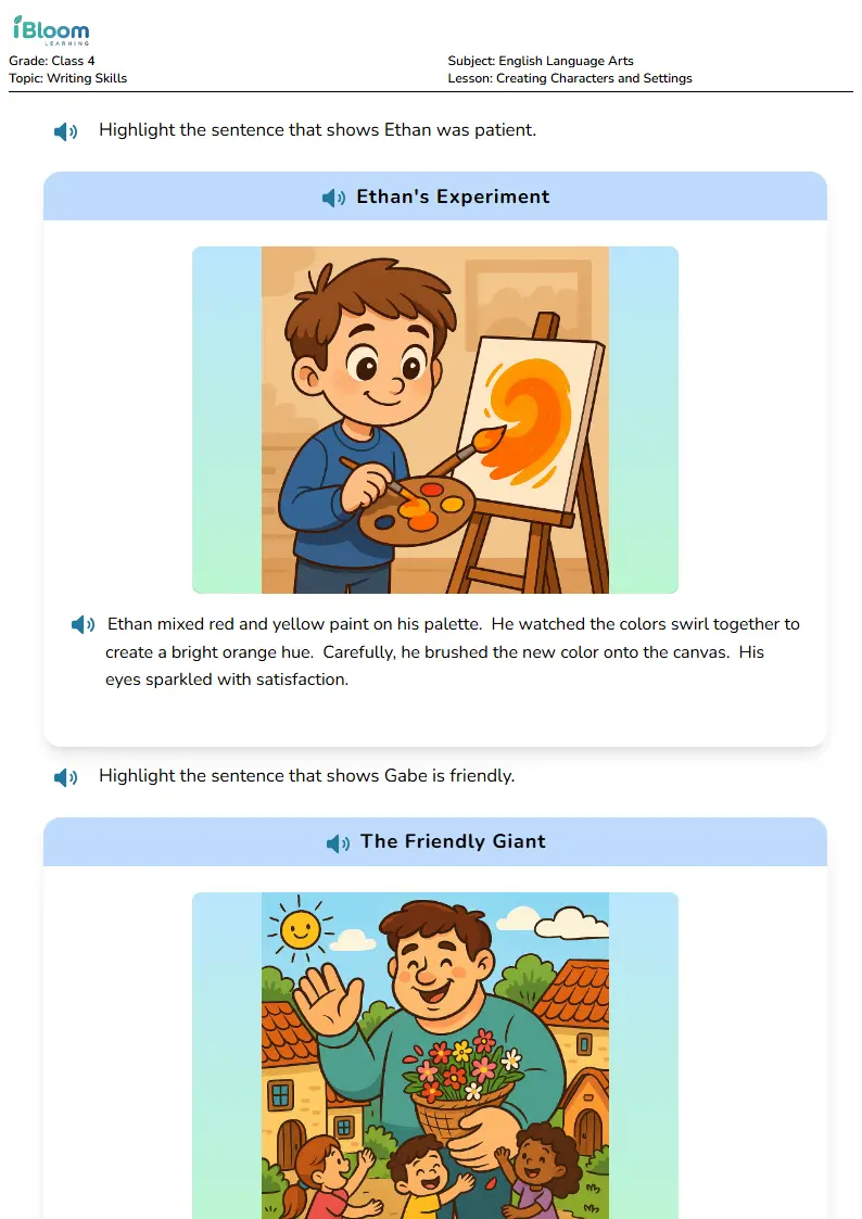 Free Creating Characters and Settings Worksheets for Class 4