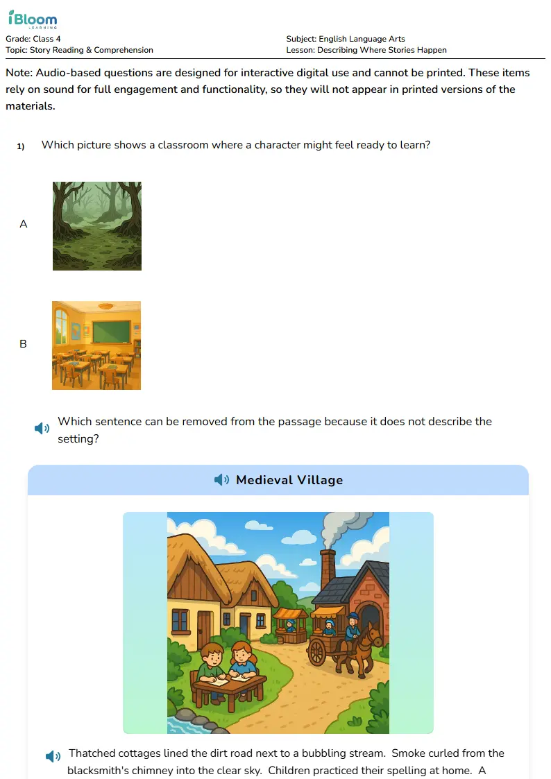 Free Describing Where Stories Happen Worksheets for Class 4