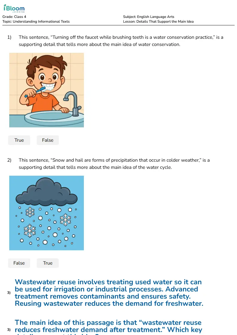 Free Details That Support the Main Idea Worksheets for Class 4
