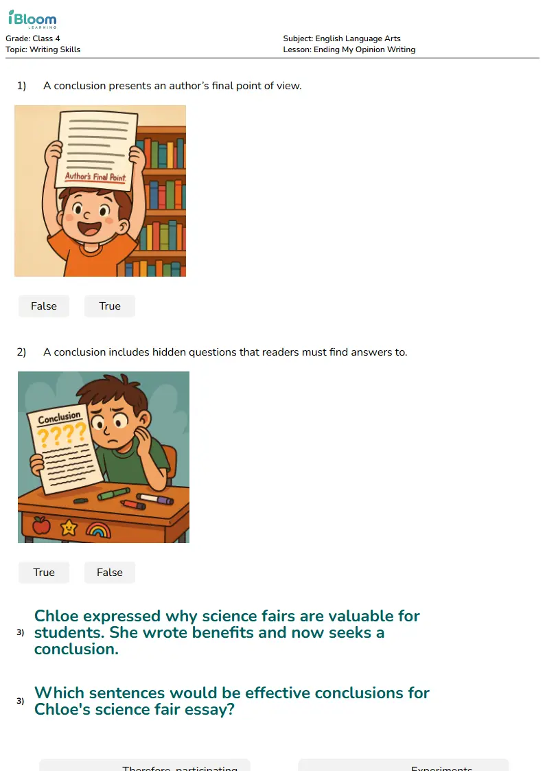 Free Ending My Opinion Writing Worksheets for Class 4