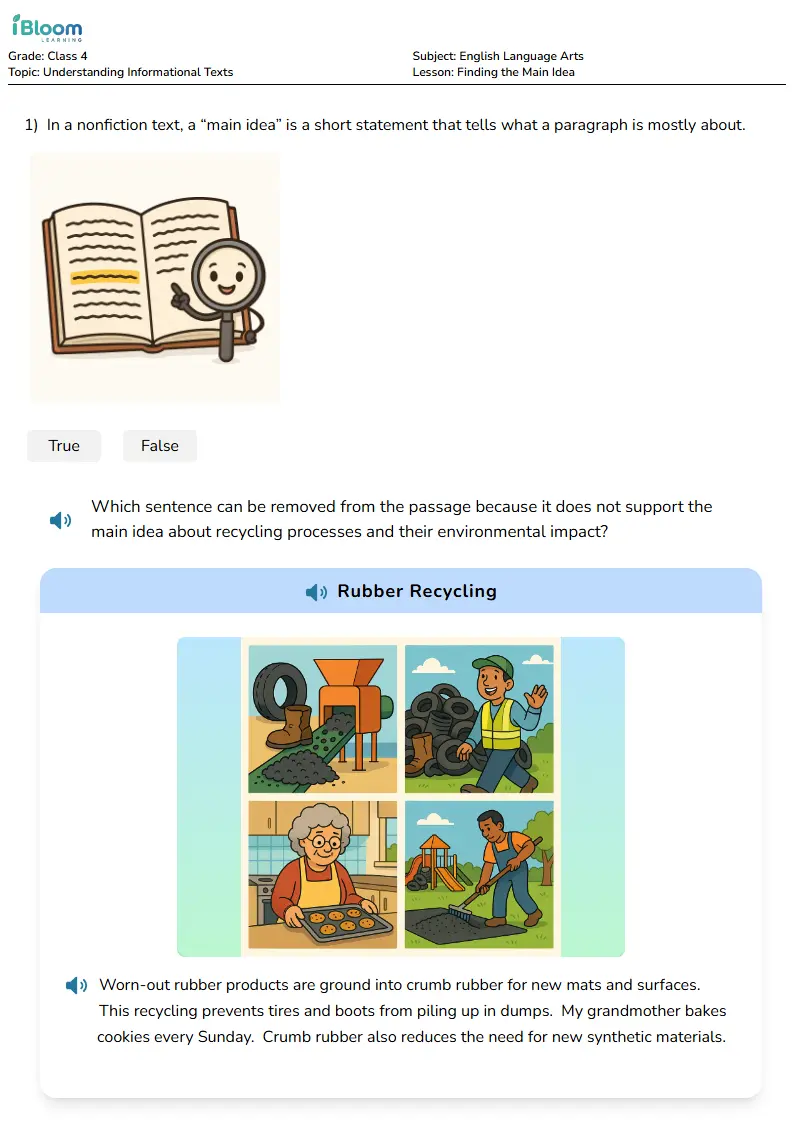 Free Finding the Main Idea Worksheets for Class 4
