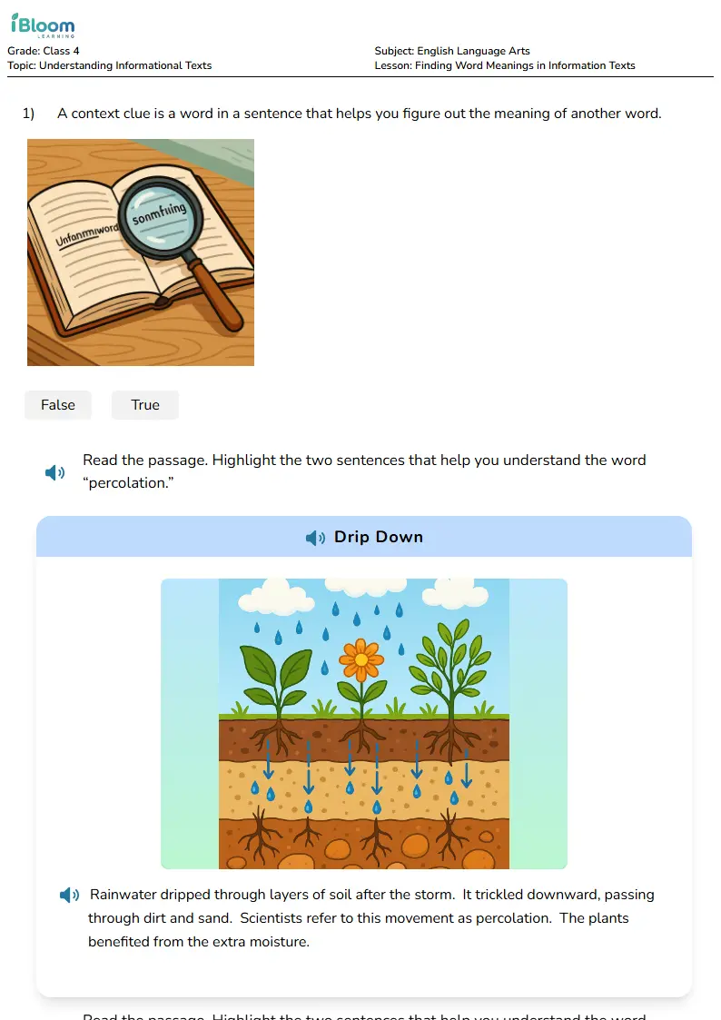 Free Finding Word Meanings in Information Texts Worksheets for Class 4