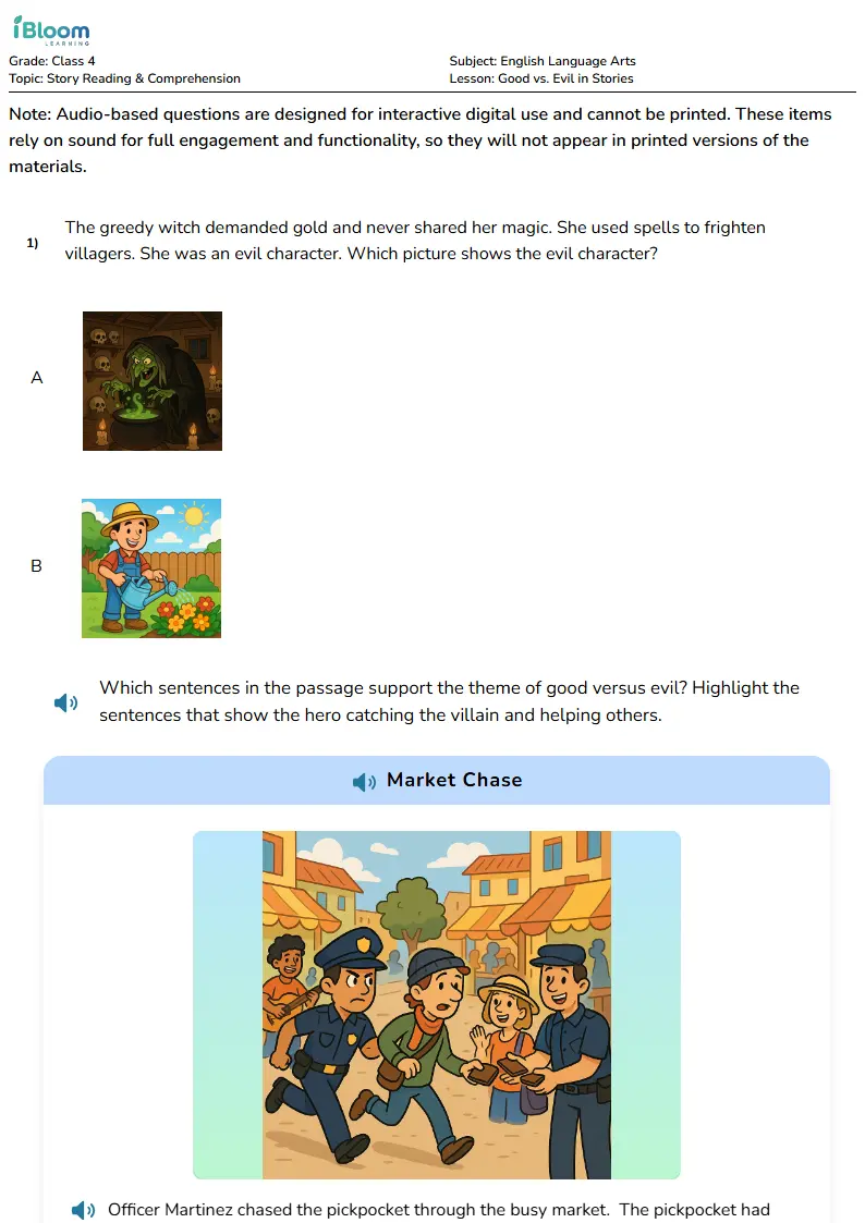 Free Good vs. Evil in Stories Worksheets for Class 4 | iBloom