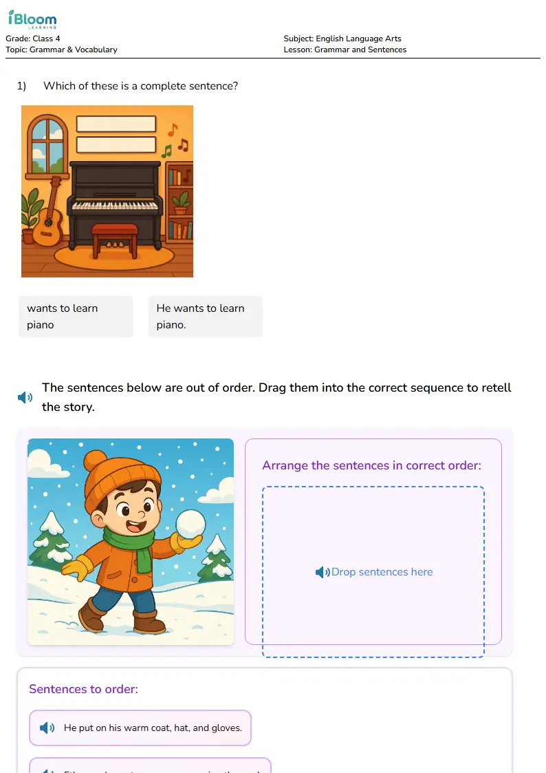 Free Grammar and Sentences Worksheets for Class 4 | iBloom
