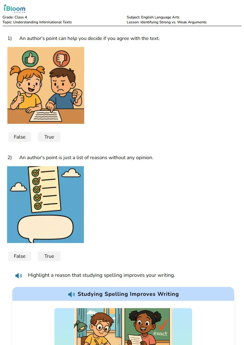 Free Identifying Strong vs. Weak Arguments Worksheets for Class 4 | iBloom