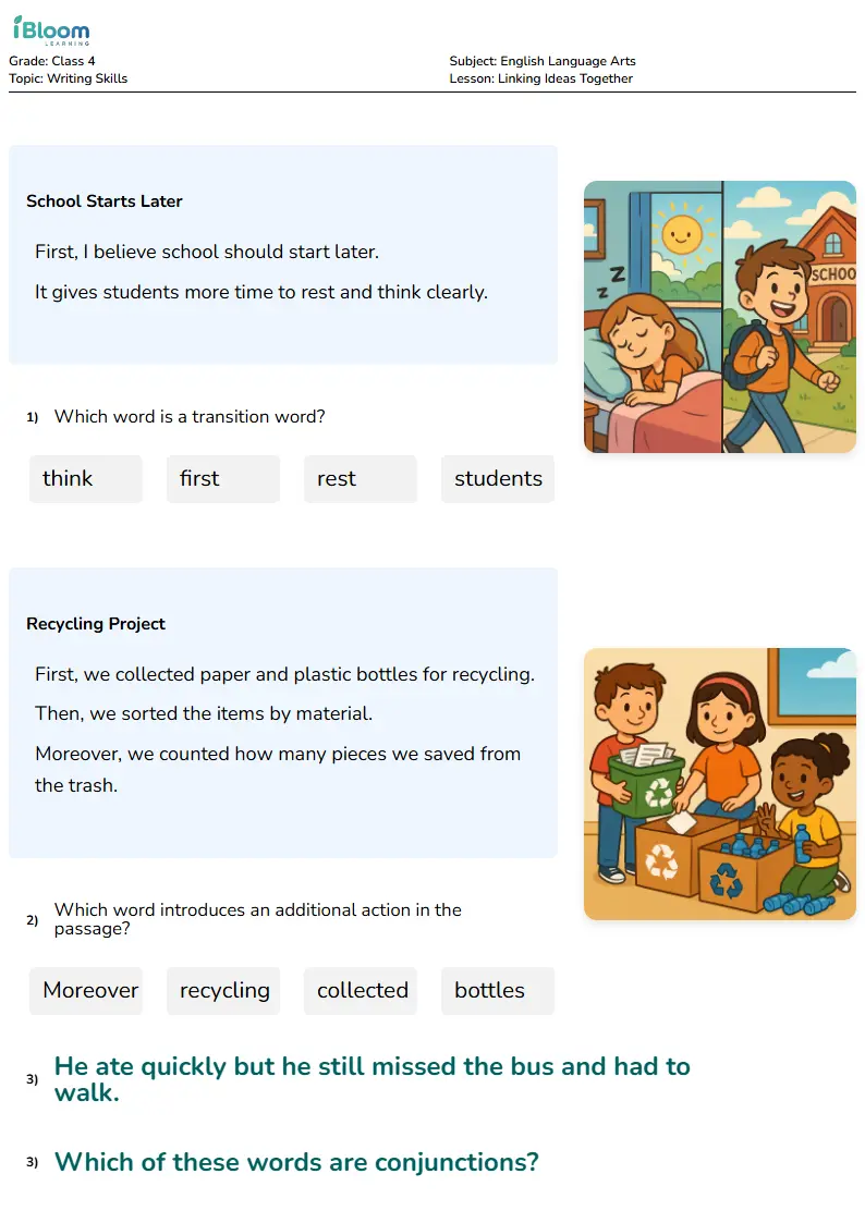 Free Linking Ideas Together Worksheets for Class 4 | iBloom