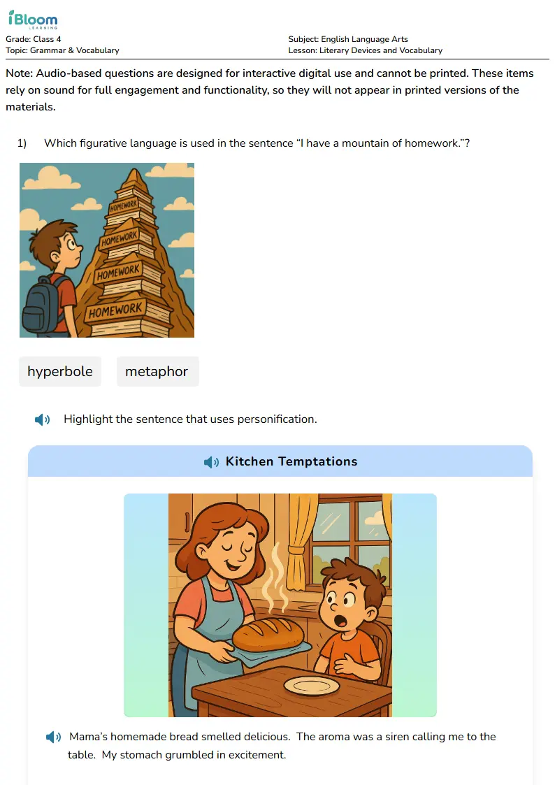 Free Literary Devices and Vocabulary Worksheets for Class 4 | iBloom