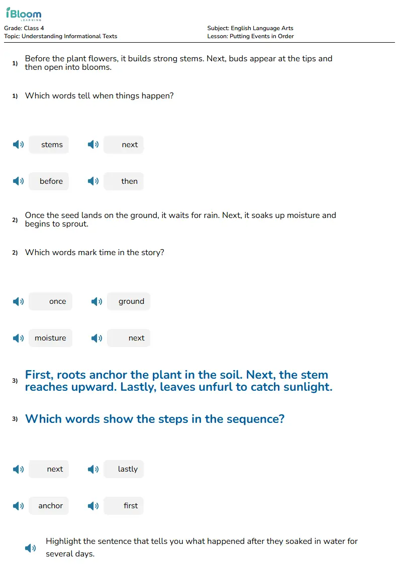 Free Putting Events in Order Worksheets for Class 4 | iBloom