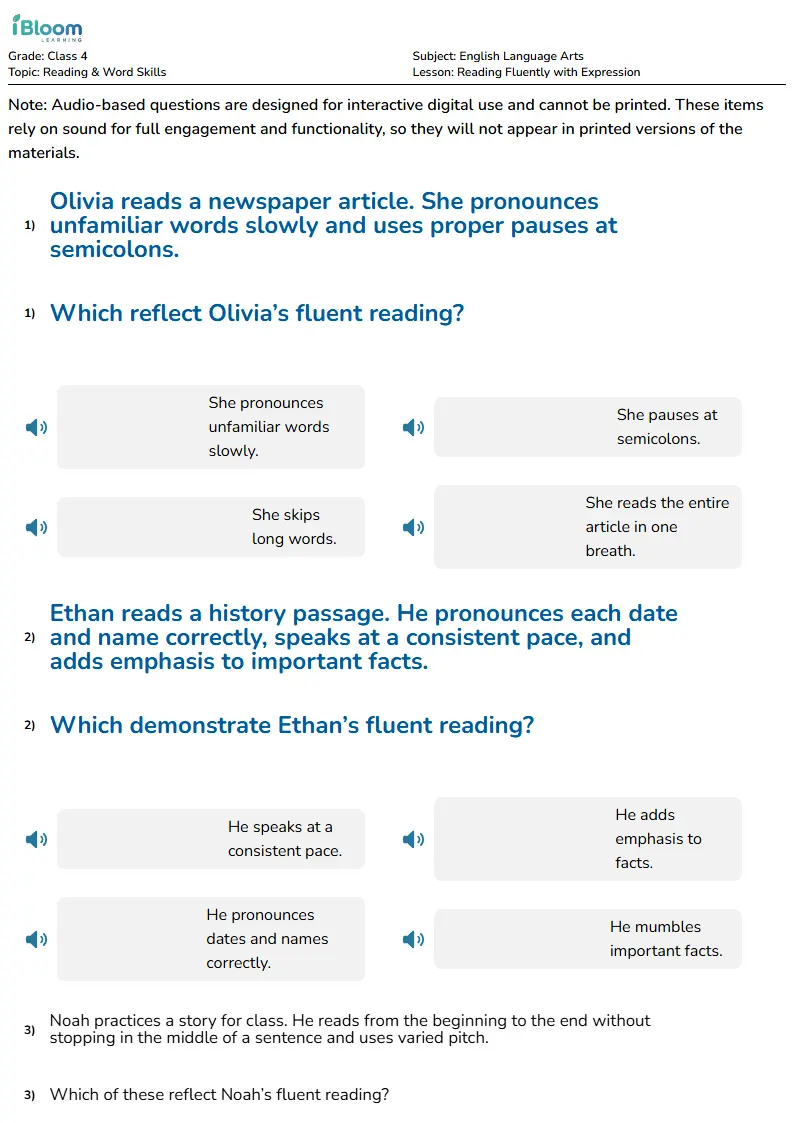 Free Reading Fluently with Expression Worksheets for Class 4 | iBloom