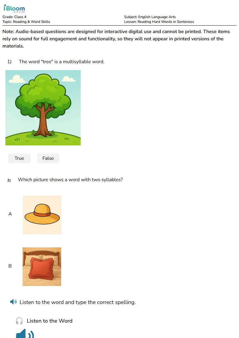 Free Reading Hard Words in Sentences Worksheets for Class 4 | iBloom