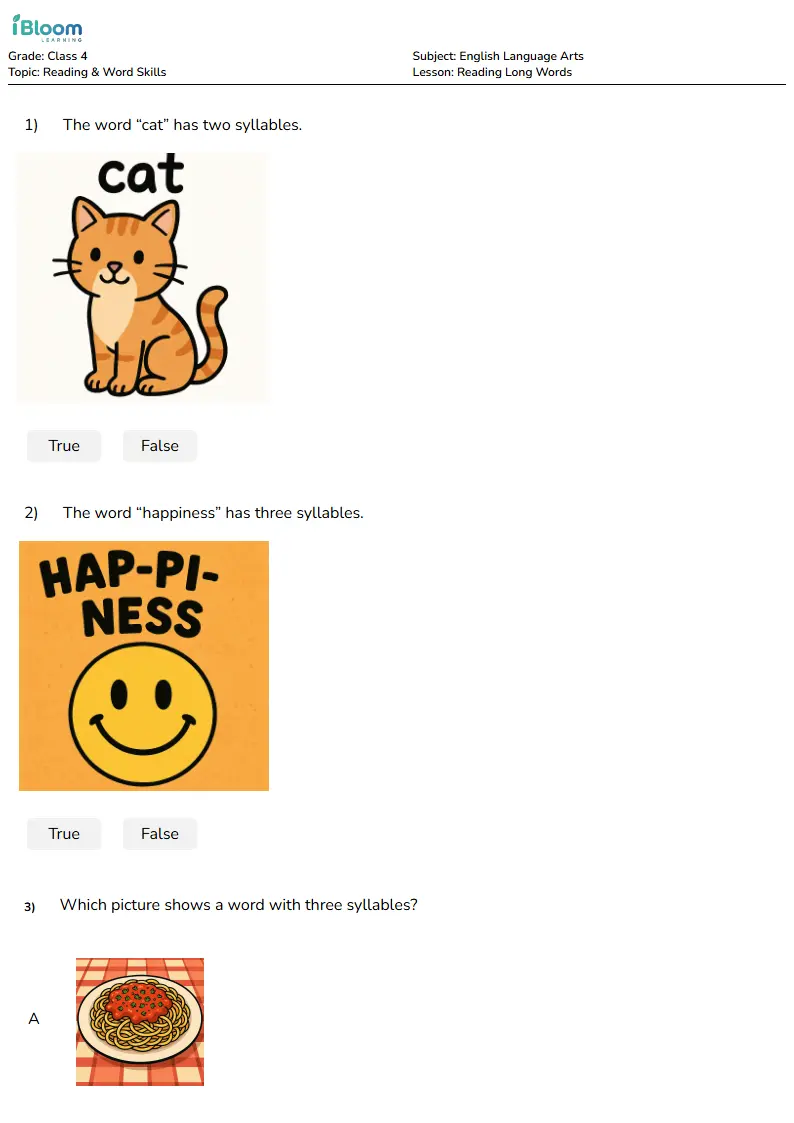 Free Reading Long Words Worksheets for Class 4 | iBloom