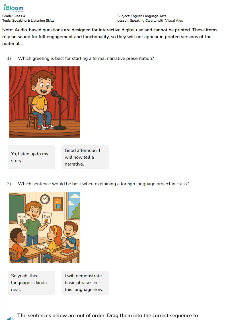 Free Speaking Clearly with Visual Aids Worksheets for Class 4 | iBloom