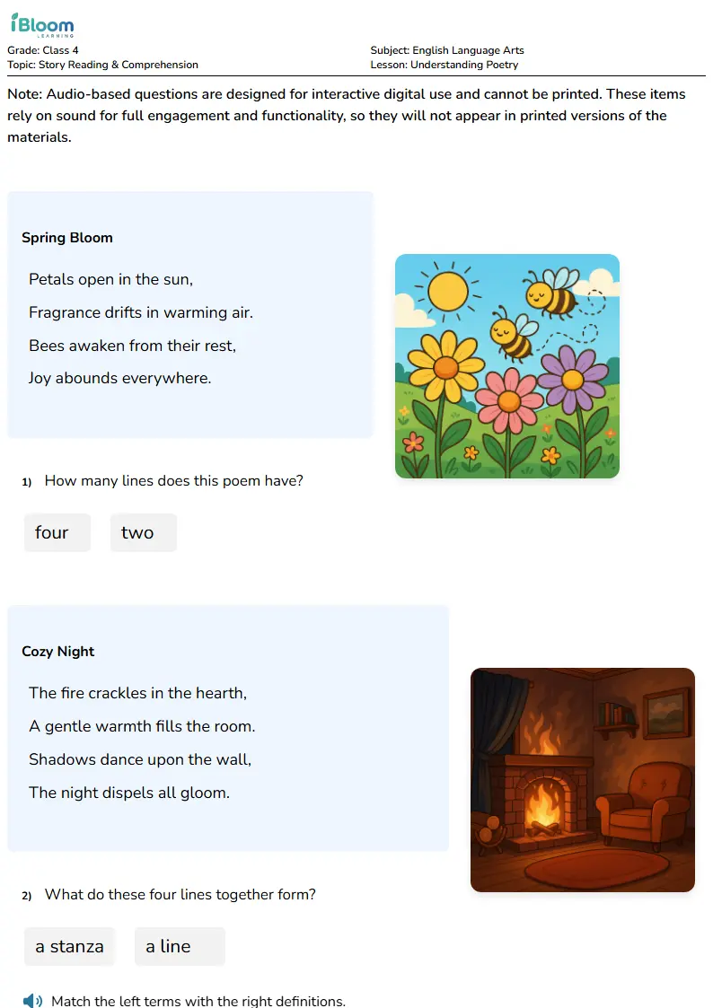 Free Understanding Poetry Worksheets for Class 4 | iBloom