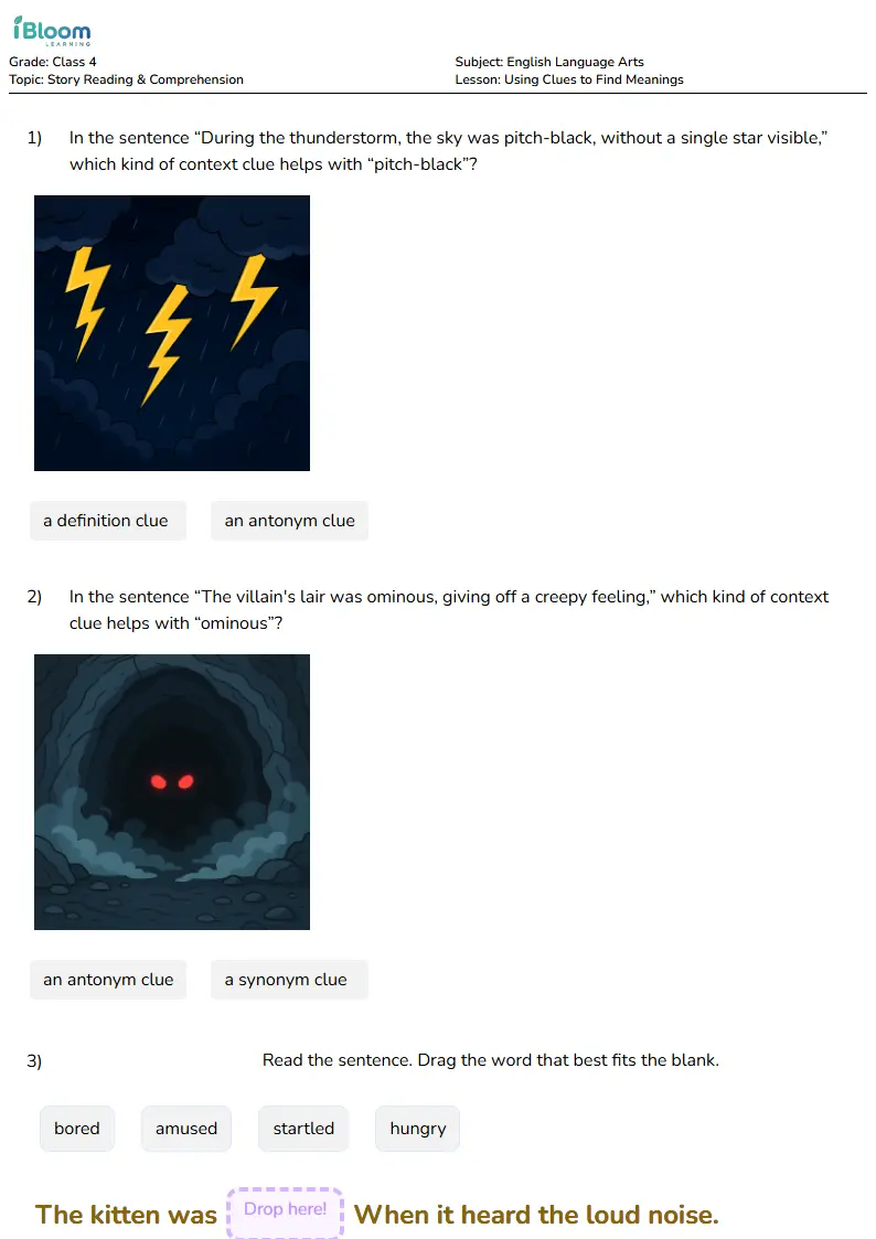 Free Using Clues to Find Meanings Worksheets for Class 4 | iBloom
