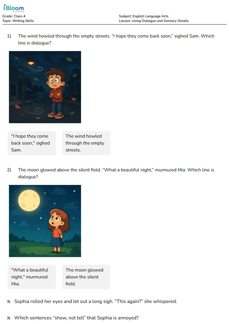 Free Using Dialogue and Sensory Details Worksheets for Class 4 | iBloom