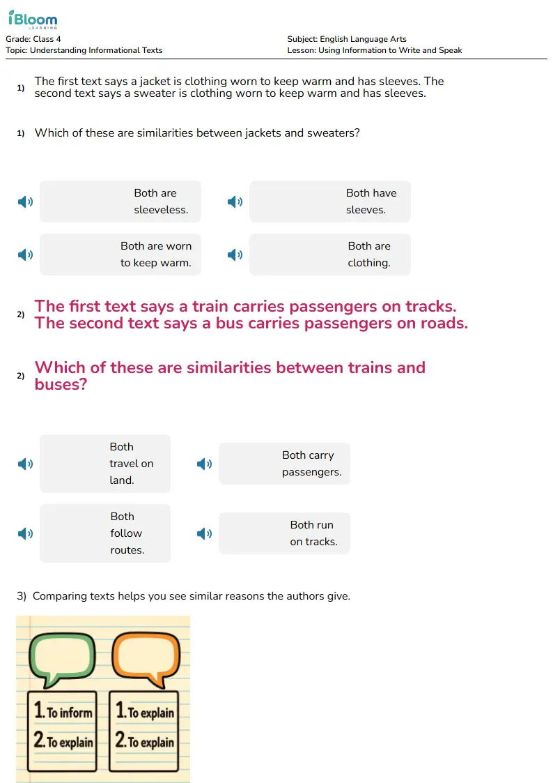 Free Using Information to Write and Speak Worksheets for Class 4 | iBloom