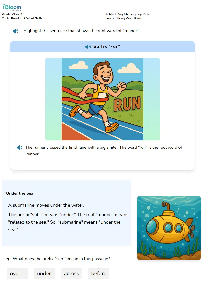 Free Using Word Parts Worksheets for Class 4 | iBloom