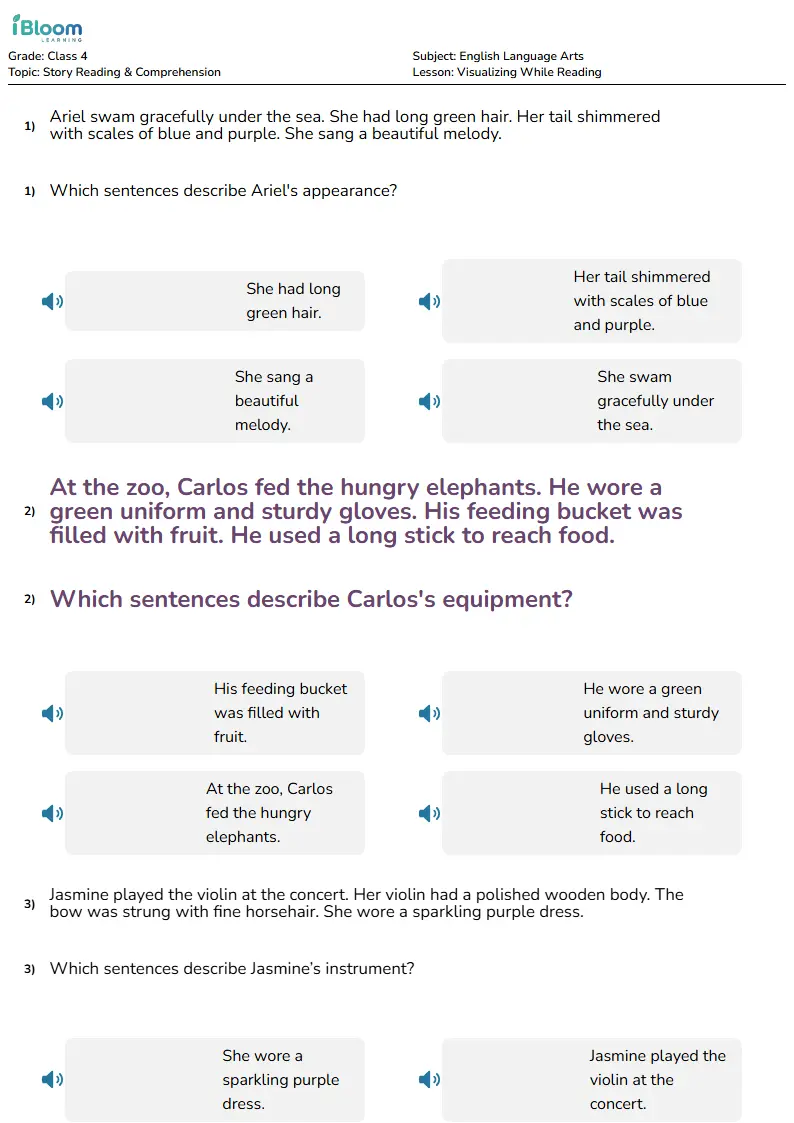 Free Visualizing While Reading Worksheets for Class 4 | iBloom