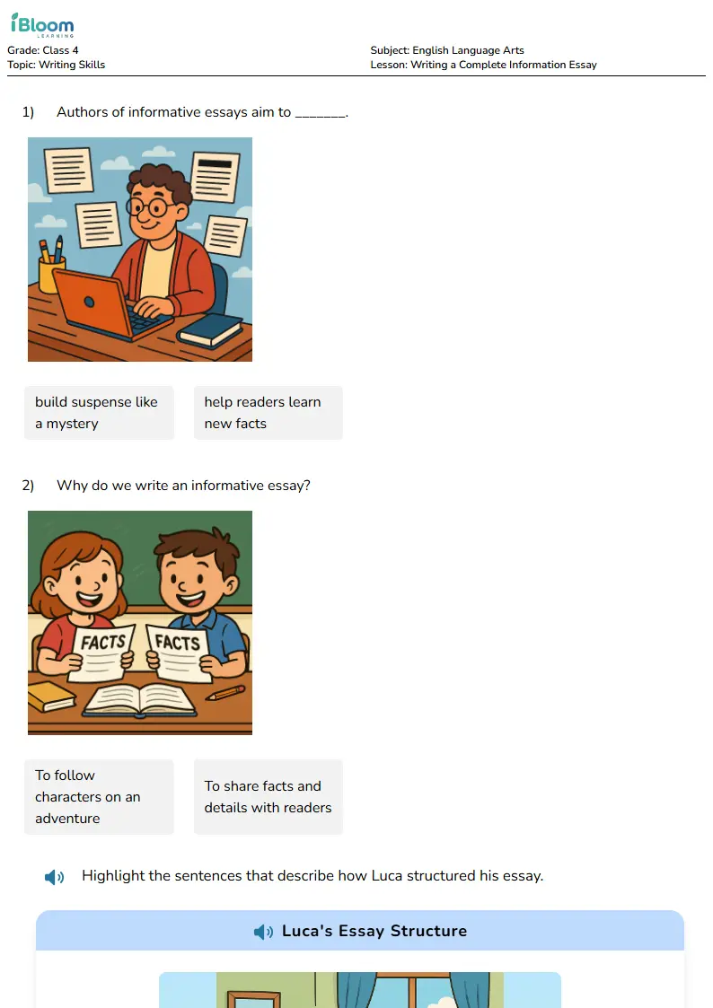 Free Writing a Complete Information Essay Worksheets for Class 4 | iBloom
