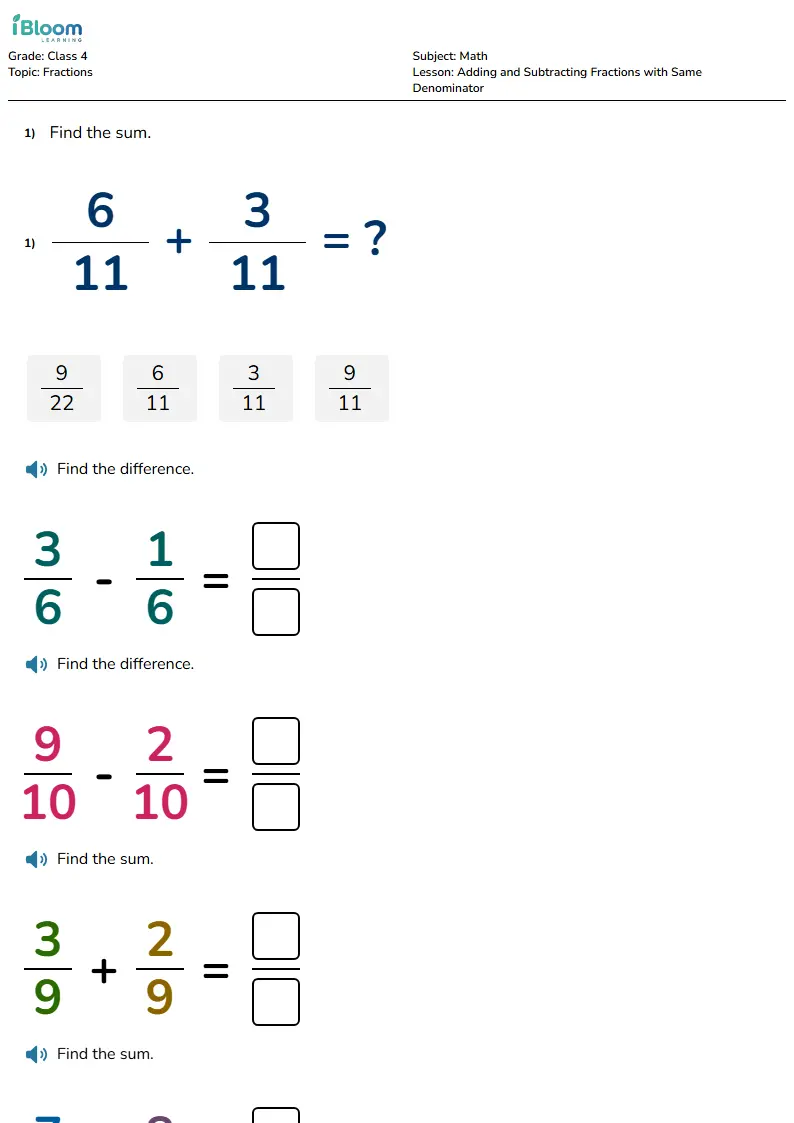 Free Adding and Subtracting Fractions with Same Denominator Worksheets for Class 4