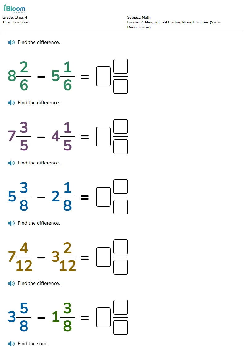 Free Adding and Subtracting Mixed Fractions (Same Denominator) Worksheets for Class 4